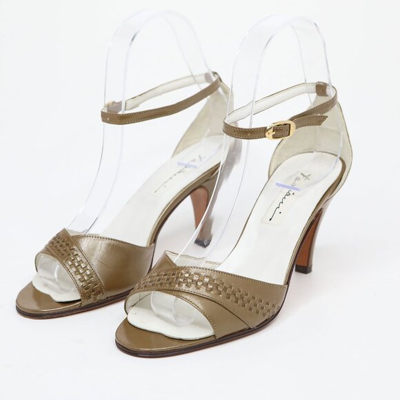 Vintage Fabiosi Olive Green Brown Leather Ankle Strap Peep Toe Pumps Skinny Heel - Picture 4 of 10